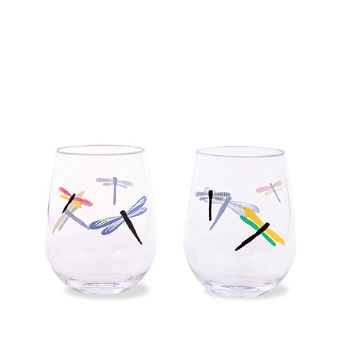 Acrylic Stemless Wine Glass Set, Dragonfly Flight