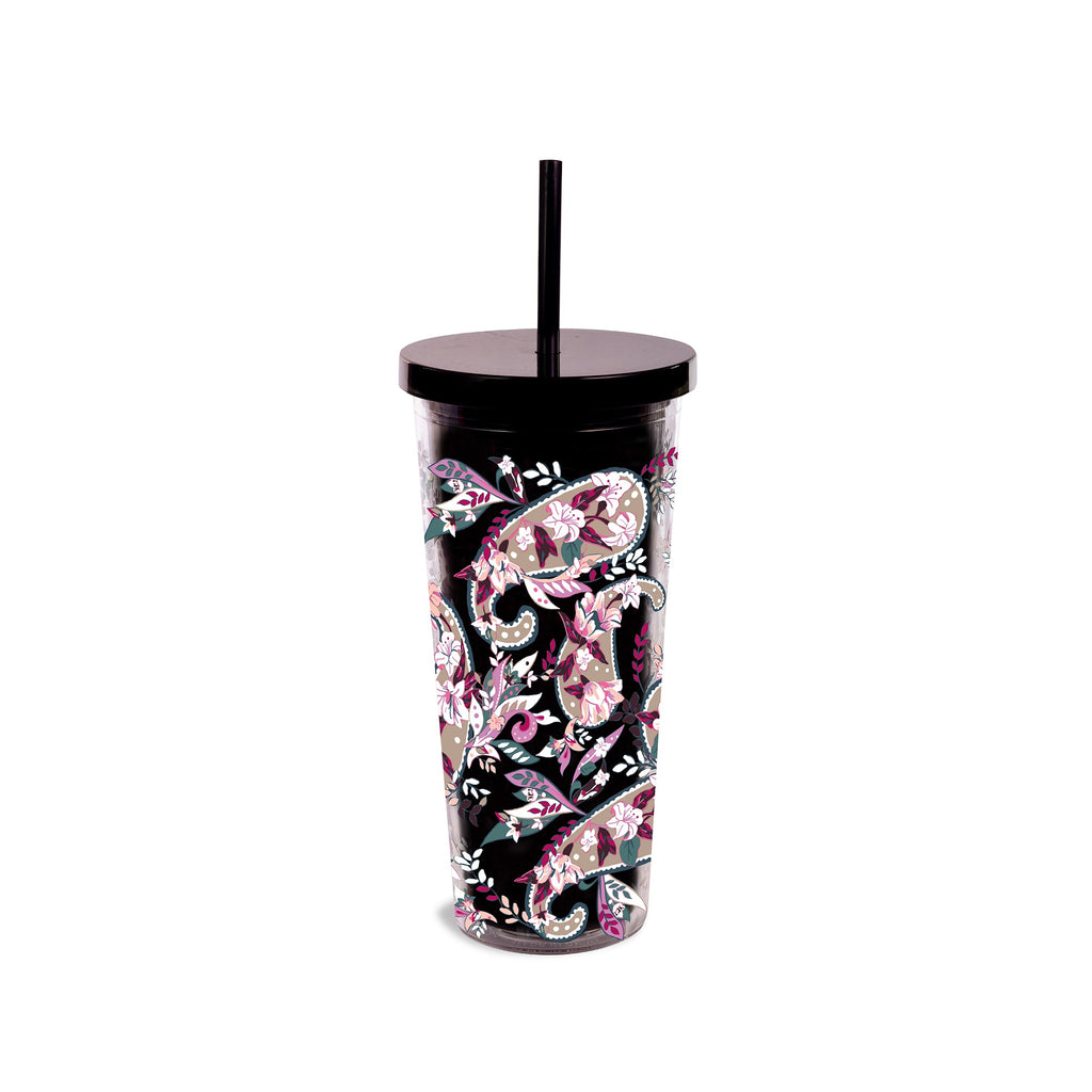 Double Wall Tumbler with Straw, Botanical Paisley