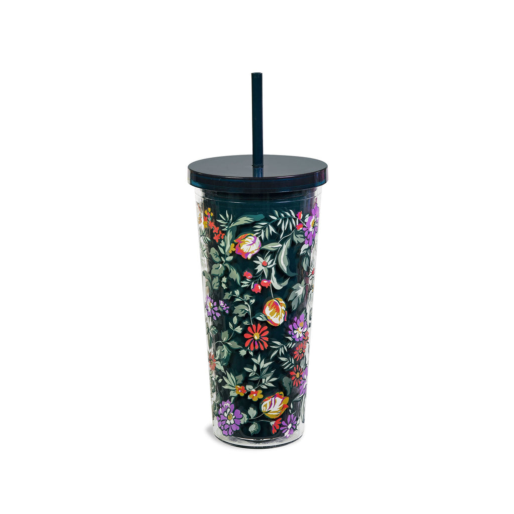 Double Wall Tumbler with Straw, Fresh-Cut Floral Green